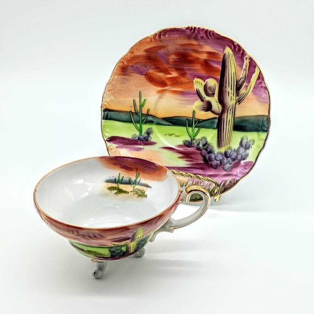 Lefton Hand-Painted Southwestern Desert Cactus Porcelain Cup & Saucer